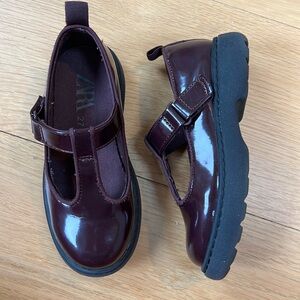 Zara patent leather burgundy t strap Mary Jane shoes